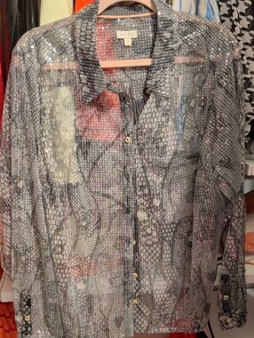 Pilcro Sheer Sequined Button-Down Shirt in Black and Gray with Subtle Pink